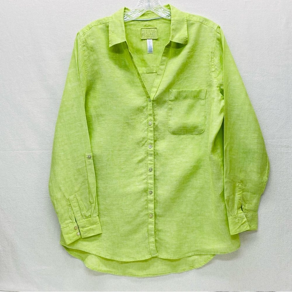 Sigrid Olsen Light Green Medium 100% Linen Long Roll Tab Sleeves Button Front